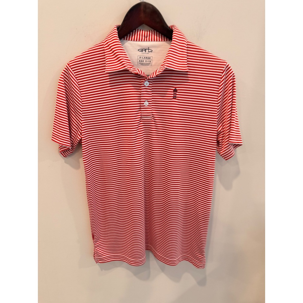 Garb Kids XL 11-12 Red White Striped Lighthouse Performance‎ Golf Polo Shirt